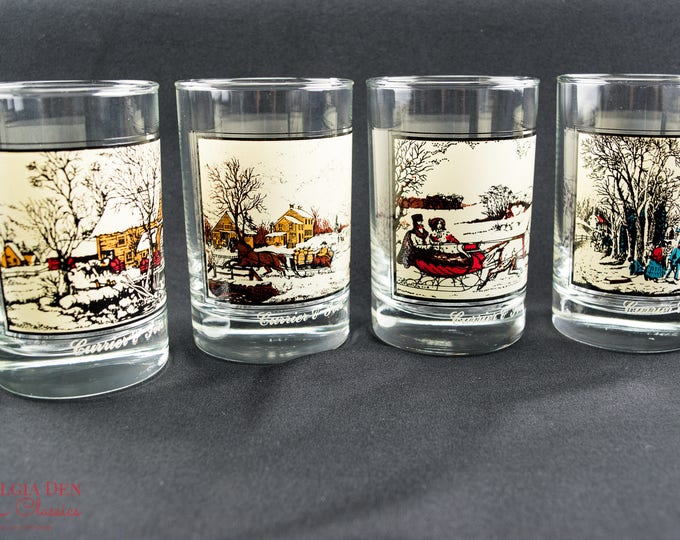 Classic Currier & Ives Wintertime Scenes Glass Set | Vintage Arbys Old Fashioned Glasses | 12 Oz Winter Glasses - Set Of 4