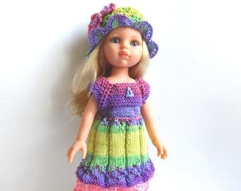 Clothes for doll 13 inch, colorful knitted dress and hat, 32cm