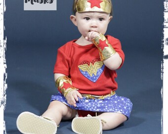Baby Infant Wonder Woman Costume, Wonder Woman Headband, Wonder Woman Arm Cuffs, Wonder Woman Onesie, Wonder Woman Skirt, Halloween Costume