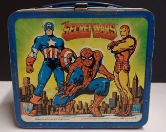 Vintage "Secret Wars" Metal Lunchbox Featuring Marvel Characters: Captain America, Spiderman, Iron Man & Incredible Hulk From 1984