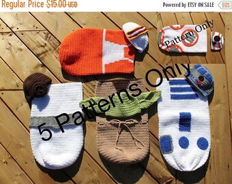 Sale 5 CROCHET PATTERNS Star Wars Newborn Cocoon and Hat, Newborn Costume, BB-8, R2D2, Yoda, Newborn Photo Prop, Baby Costume, Star Wars Bab