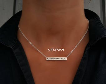 I love you to the moon and back necklace, To the moon jewelry, engraved moon star, the moon necklace, engraved bar necklace, lettering charm