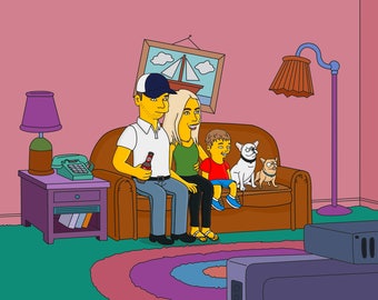 Simpsons portrait, family portrait, couple portrait, custom illustration, Custom yellow character, custom family portrait, the simpsons