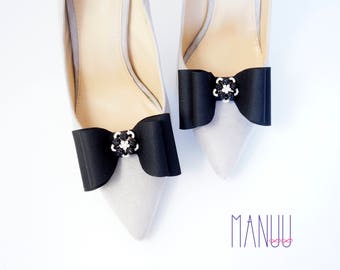 Black shoe clips - shoe clips Manuu, black bows with embellishments, sparkling accessories, evening shoes, high heels accessories, shoe bows