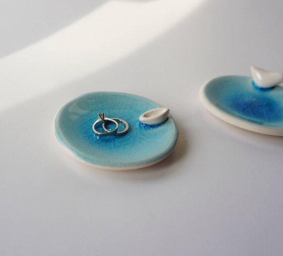 Handmade Ceramic Blue Jewelry Dish with Boat