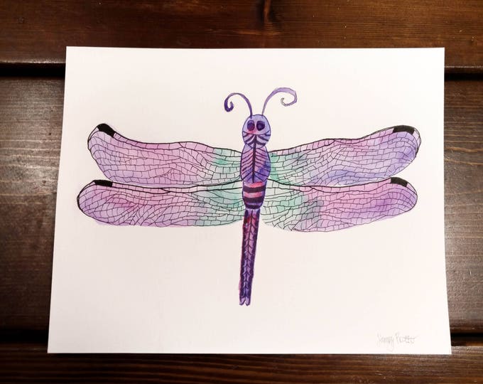 Purple Dragonfly Original Watercolor Painting, 8x10