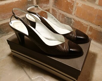 Vintage 1960's Bruno Magli brown leather slingback heels, vintage Italian leather shoes, 60's slingback heels, patent leather heels