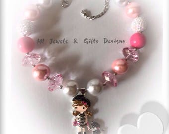 ON SALE~Girls Chunky Bubblegum Beads Necklace With Rhinestne Pendant~ Labor Day Sale~
