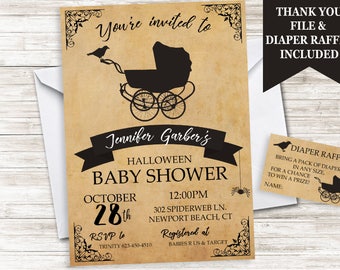 Halloween Baby Shower Invitation Invite Stroller Black Vintage Sprinkle Digital 5x7 Spider