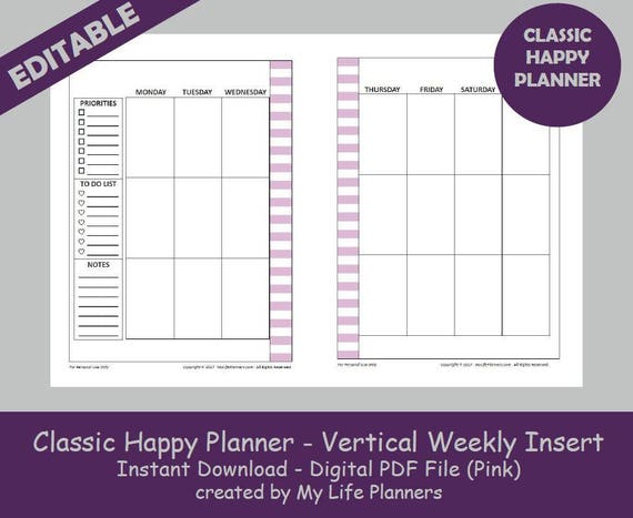 CLASSIC Happy Planner Vertical Weekly Insert Editable