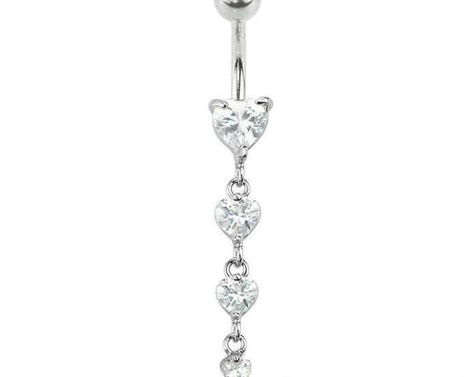 Prong Set Heart Four Gem Cascade Dangle CZ 316L Surgical Steel Navel Ring