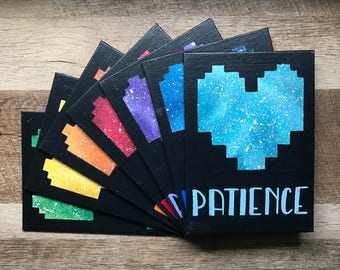 SHIPS FREE - Seven Human SOULs - Undertale-Inspired 5"x7" Paintings - Pixel Heart, 16 Bit, 8 Bit - Chara, Frisk, Determination