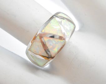 Opal Ring, Sterling Ring, Fire Opal Ring, Opal Band, Fire Opal Band, Sterling Silver Created Fire Opal Inlay Band Ring Sz 6.5 #3196