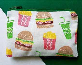 Hand Printed Fast Food Burger Fries Coin Purse