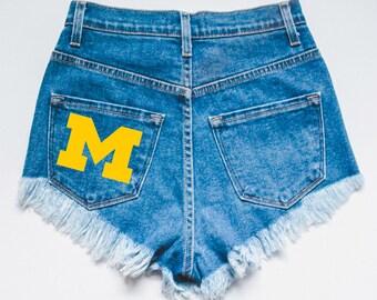 University of Michigan Tailgate Shorts - College University Sports Tailgate Flannel Shorts Denim Shorts - Jean Shorts - High rise shorts