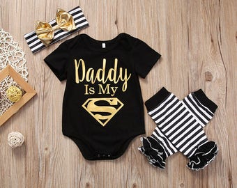 Daddys Girl Outfit, Baby Leg Warmers Girl, Daddy Is My Superman, Gold Bow Headband, Black And Gold Headband, Daddys Girl Onesie