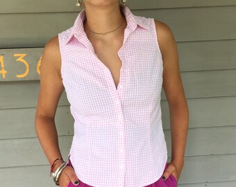 Vintage 90s Light Pink Gingham Sleeveless Blouse | S