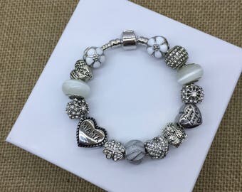 White cateye MAMA live love laugh titanium steel charm bracelet european mom theme charm bracelet pandora style bracelet