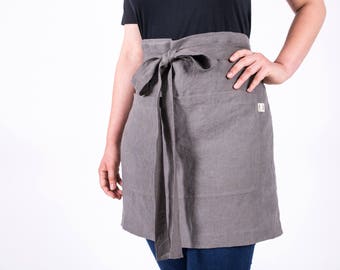 Linen apron,Short Linen Waitress Apron with pockets, wrap apron,cafe apron, natural flax apron,cooking apron, workshop apron, Christmas Gift
