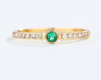 Simple Emerald engagement ring Half Eternity band Thin Dainty wedding ring 14K Gold Channel set delicate Row diamond ring Promise Stacking
