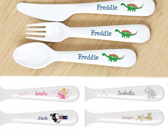 PERSONALISED Childrens CUTLERY Set. Birthday or Christening Gift. PLASTIC Cutlery For Baby, Toddler, Kids. Dinosaur, Fairy, Pirate and more