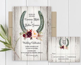 Wedding Invitations Printable Set Horseshoe Plum Purple Marsala Floral Printed Or DIY Print Template Wedding Invitations Printable Set Horseshoe Plum Purple Marsala Floral Printed Or DIY Print Template