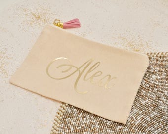 Personalized Cosmetic Bag Makeup Bag w/ Tassel Keychain - 8x5.5 inches | Bridal Party Proposal Gift Box | Custom Canvas Pouch | Bridesmaid