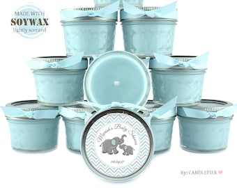 Set of 12 blue and gray elephant baby shower favors, personalized soy candles, gender reveal party favors, new baby