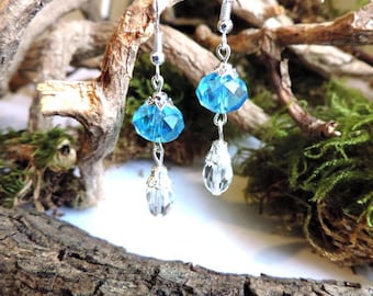 Silver Earrings: Blue Crystal beads faceted bead accented Teardrop faceted glass with a CAP