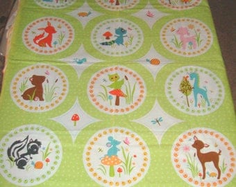 Cheater Quilt Top Forest Animals Toddler Bed Crib Size Unisex Green Orange Multi Deer Fox Nature Baby Shower Gift