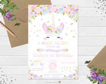 Unicorn Invitation, 1st Birthday Party, Personalized, Printable, Digital Print Download, First, Floral, Watercolor, Rainbow, Pastel, Cute