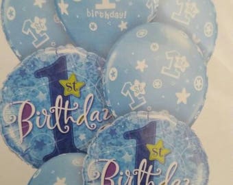 First Birthday Boy balloon bouquet, mix of Foil & Latex Balloons for First Birthday, blue balloons, First Birthday boy, 2 x Foil, 5 x Latex