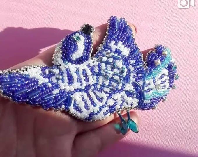 Brooch-bird in the style of "Gzhel" Russian style Beaded brooch bird brooch pin Jewelry Embroidery brooch Bird pin gift for her for women