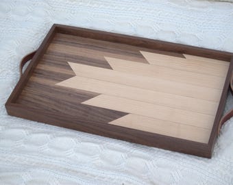 Decorative Wood Serving Tray / Made in Washington / Art Deco / Breakfast Tray / Walnut and Maple / Leather Handles / Geometric / 26" x 14.5"