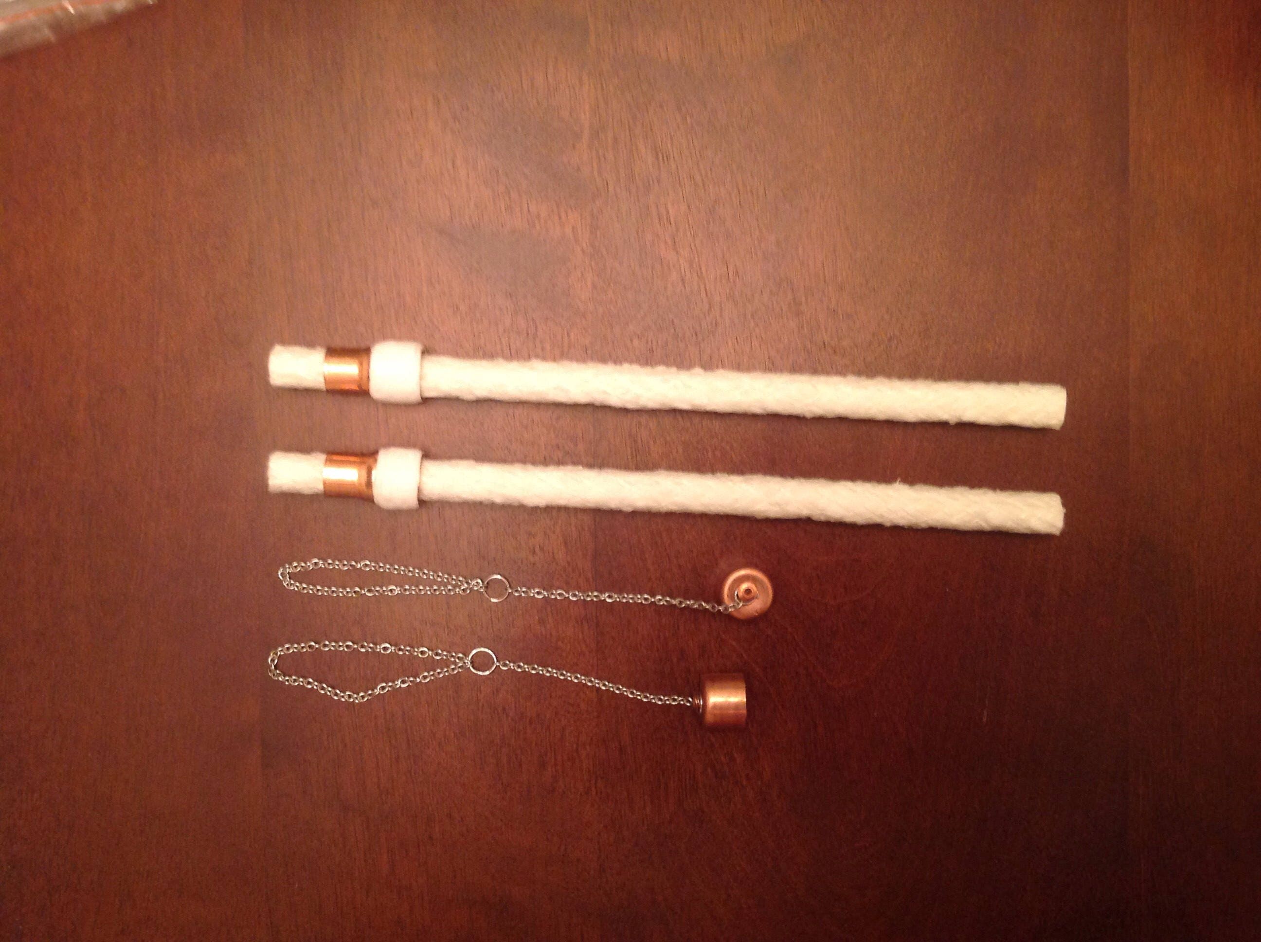 Wine bottle tiki torch wicks with wick holders and copper caps