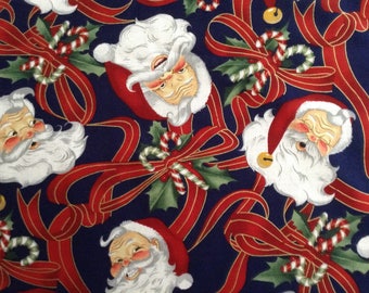 Christmas/Santa/Candy Canes/Ribbons on navy blue background cotton fabric by the yard