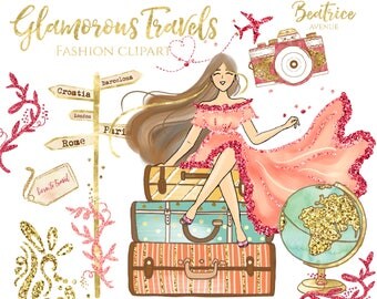 Gold travel clipart Watercolor clipart travel girl clipart globe clipart suitcase clipart photographer clipart camera clipart photography