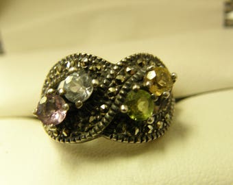 Birthstones & Marcasite Sterling Silver Ring- Size 7
