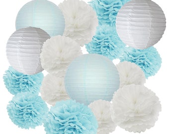16pcs Boy Baby Shower Decorations Baby Blue White Mixed Tissue Pom Poms Paper Lantern Party Favors Wedding Birthday Decorations