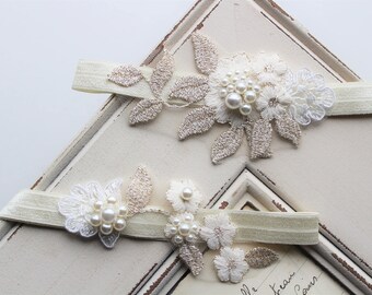 Bridal Garter , Wedding Garter, Lace garter , Vintage style Garter, Flower Garter ,Ivory Cream Gold Garter , Stretch Lace Garter Set