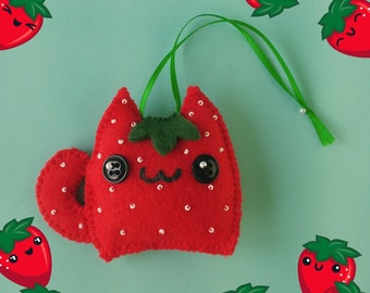 Kawaii Strawberry Cat Stuffed Ornament & Christmas Tree Decoration, Kawaii Food Christmas Ornament