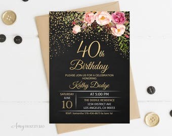 40th Birthday Invitation, Floral Women Birthday Invitation, Chalkboard Birthday Invite, PERSONALIZED, Digital file, #W16
