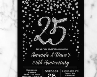 Black & Silver Wedding Anniversary Invitation - Silver Glitter Confetti - 25th Wedding Anniversary Invitation - Digital or Printed #GP6SBGC6