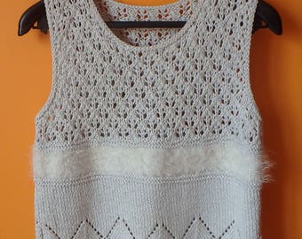 Hand Knitted White Openwork Vest Lacy Pattern Cotton