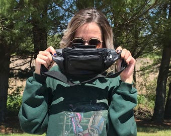 Fanny Pack Vintage 80s Black Leather Zippers Retro Hipsters Compartments Pockets Festivals Boho / 80s Called They Want Their Fanny Pack