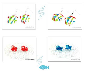 Earrings multicolored tropical fishes or chips mini fishes