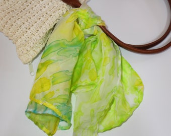 delicate silk foulard hand dyed with the arashi shibori technique/green and yellow/stole/scarf/100%silk 24x24 in