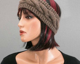 Hand knitted headband, ear-warmer, headband, Brown, with cables