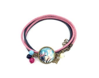 Bronze Oilskin cotton bracelet pink and blue - Cabochon - Jungle * blue pink beads