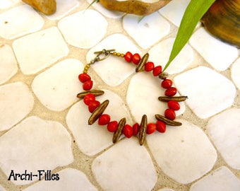 Bracelet graine rouge Tahiti,graine de flamboyant,gourmette graine exotique naturelle,graine Martinique,bijou ethnique,bijou végétal nature